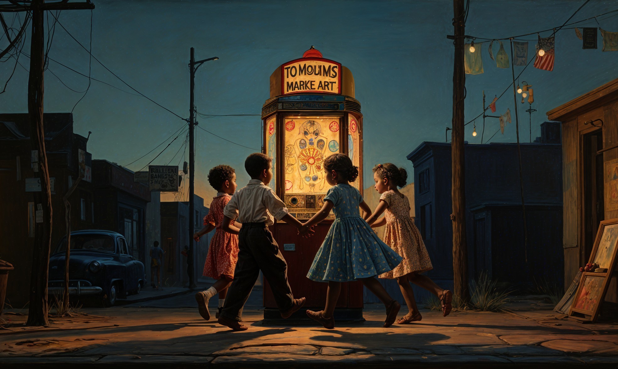 Children Enjoying Vintage Fortune Teller Machine Scene