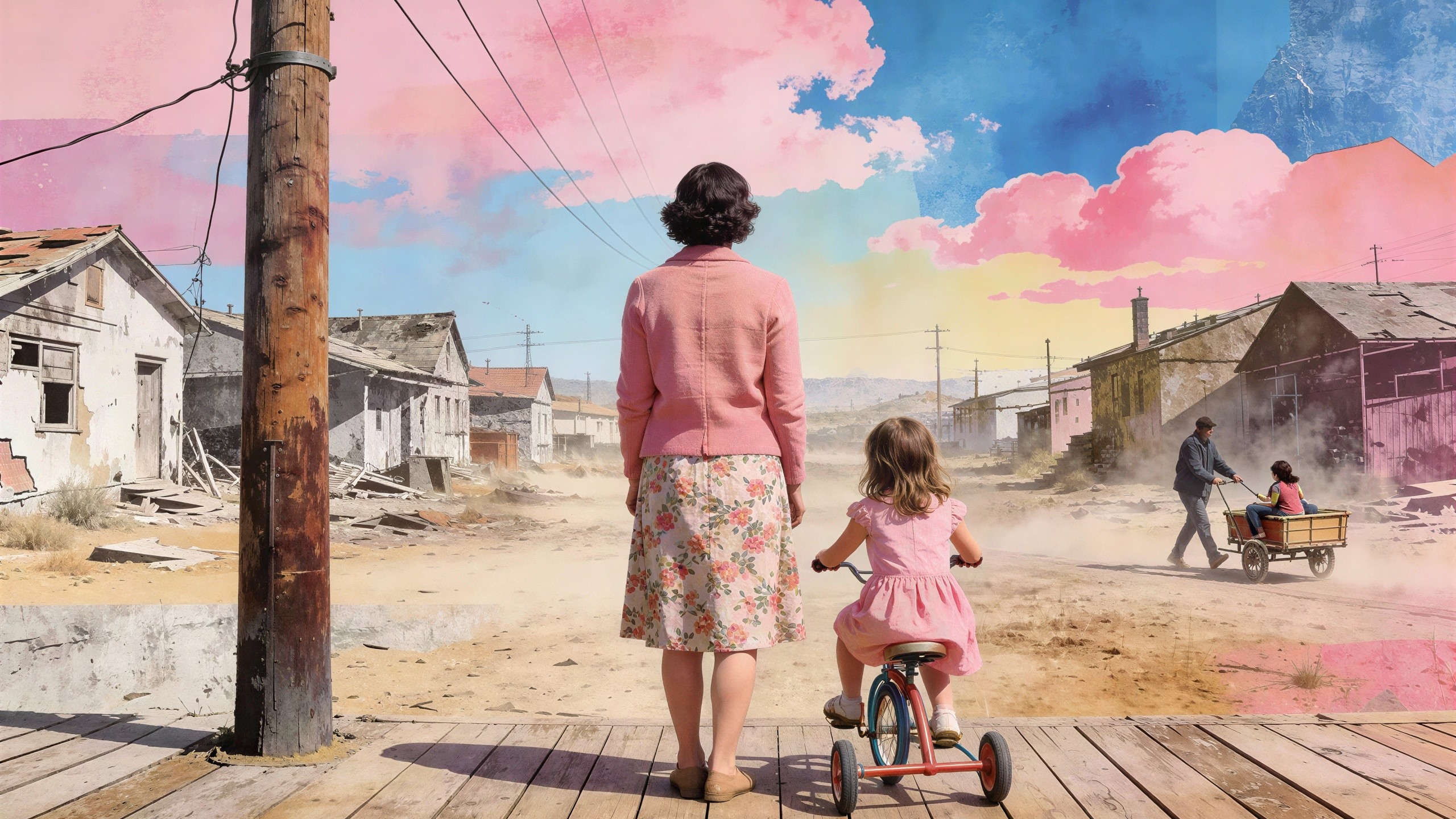 Woman and child on wooden planks in dusty street scene