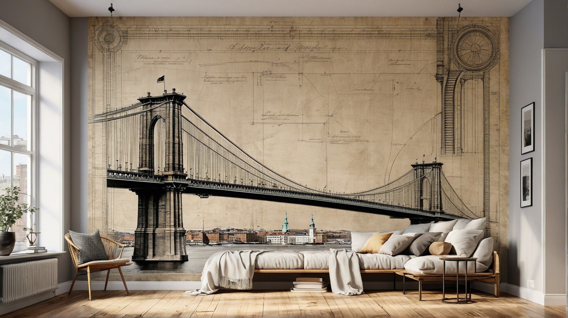 Stylish Interior with Vintage Manhattan Bridge Mural