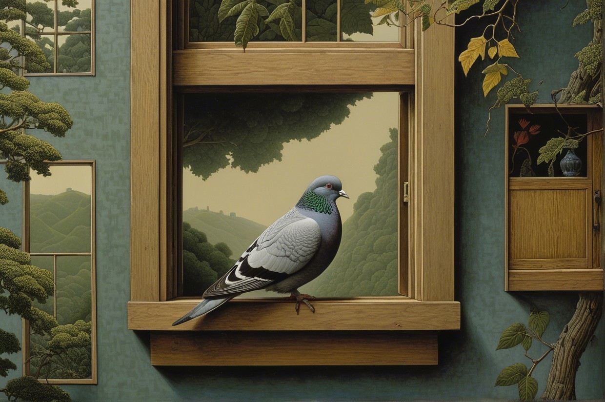 Pigeon on Window Ledge with Scenic Landscape View