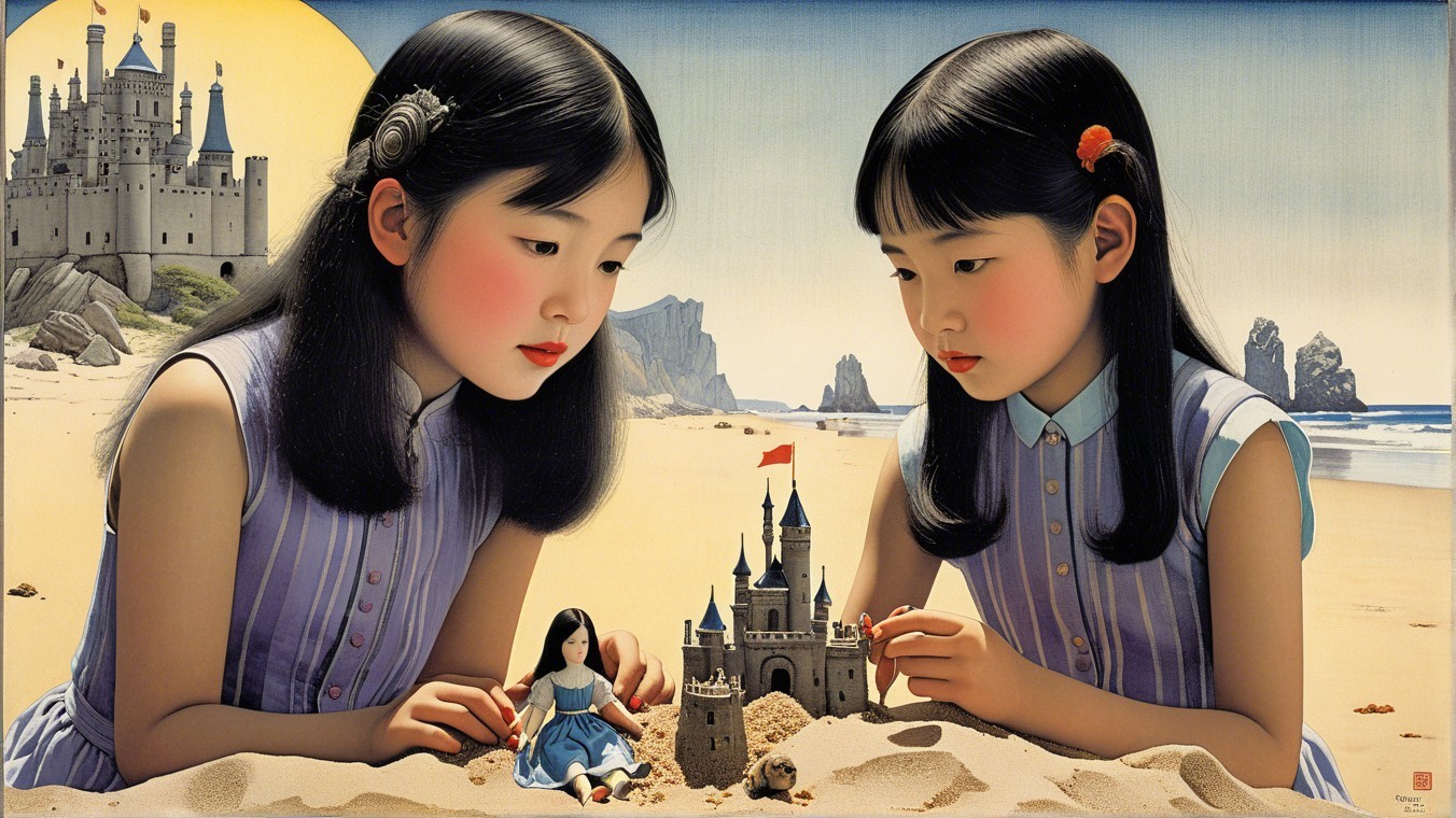 Girls Building Sandcastle on Beach with Doll