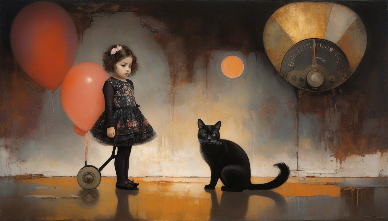 Young girl with red balloon and wooden cart in art