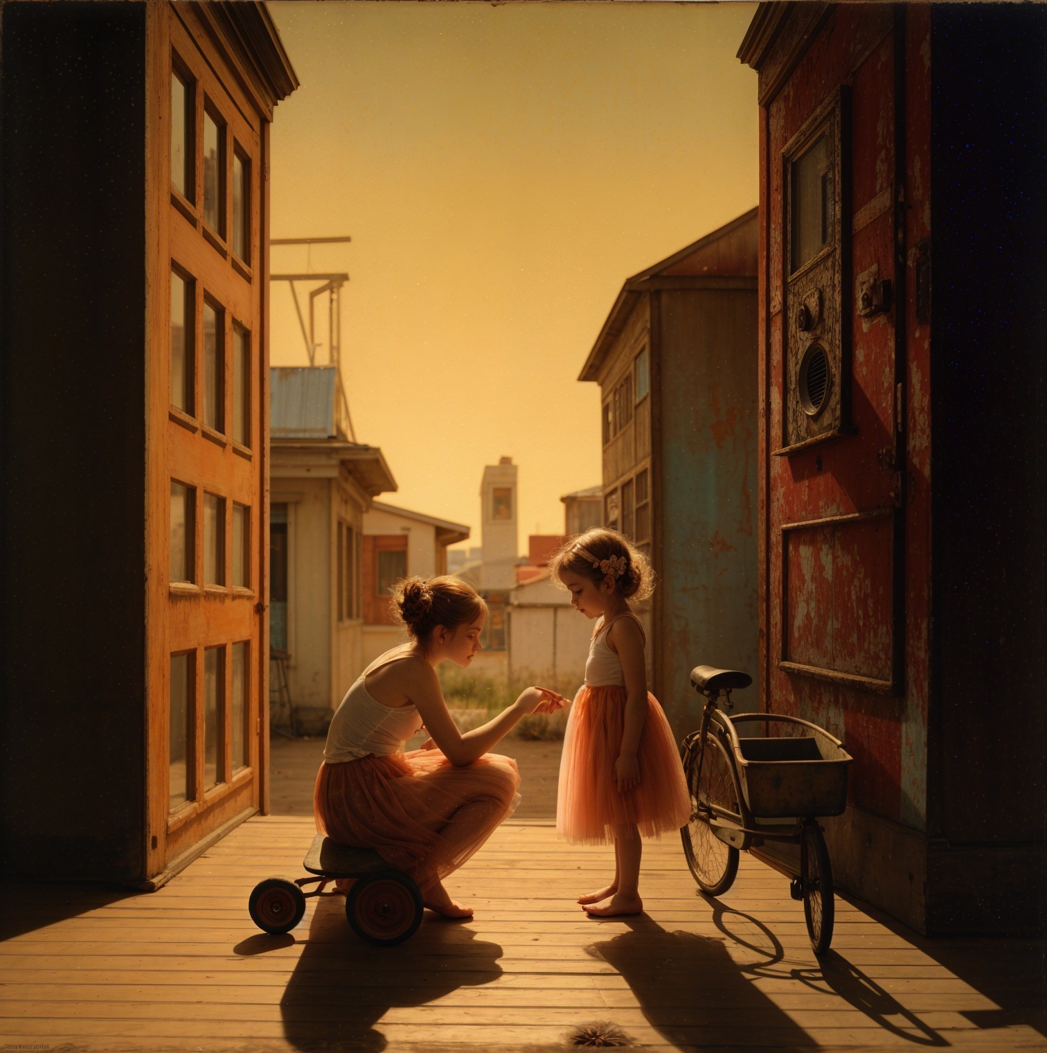 Woman and girl in whimsical tulle skirts by doorway