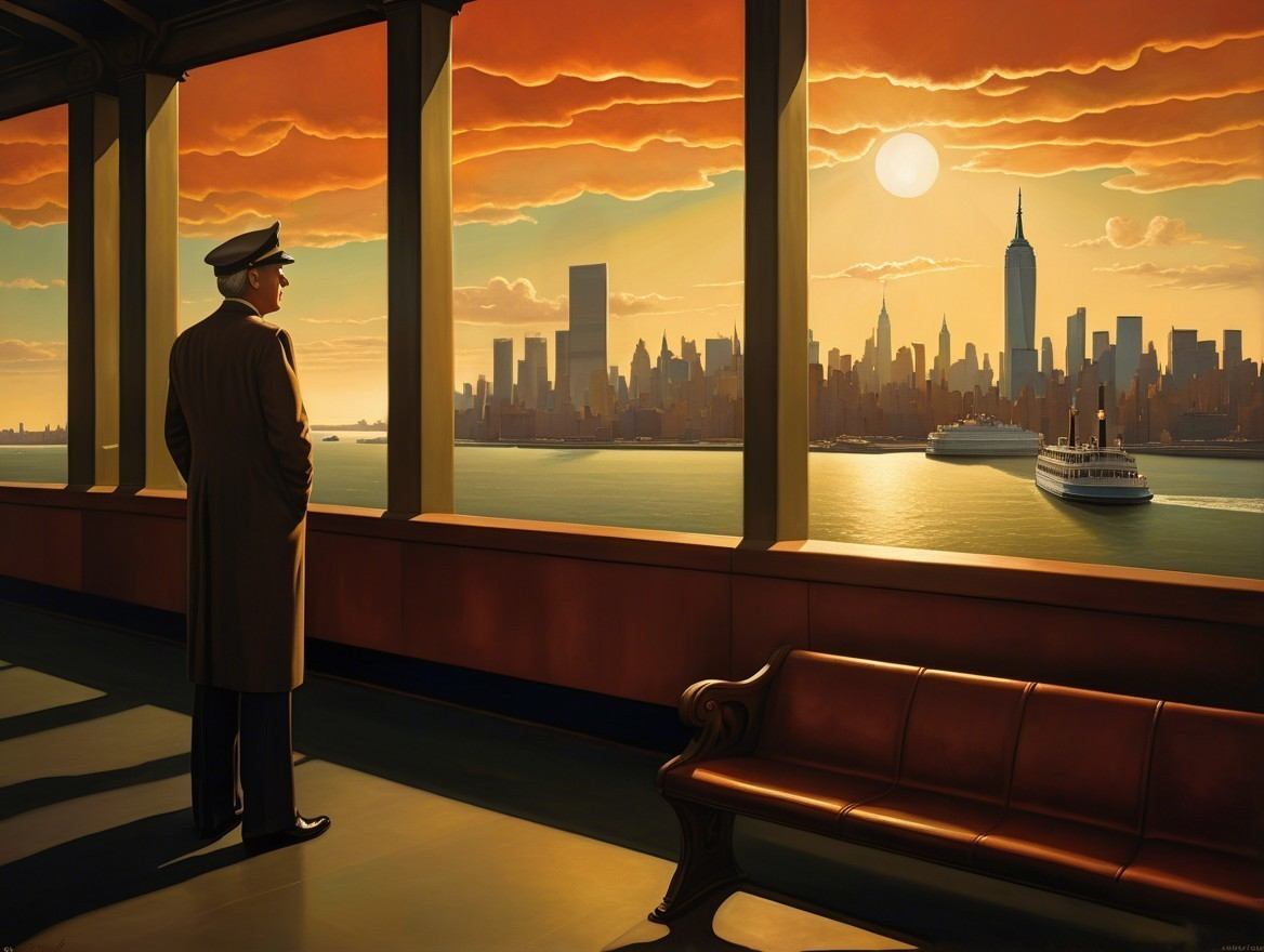 Silhouetted Figure by Window Overlooking Sunset Skyline