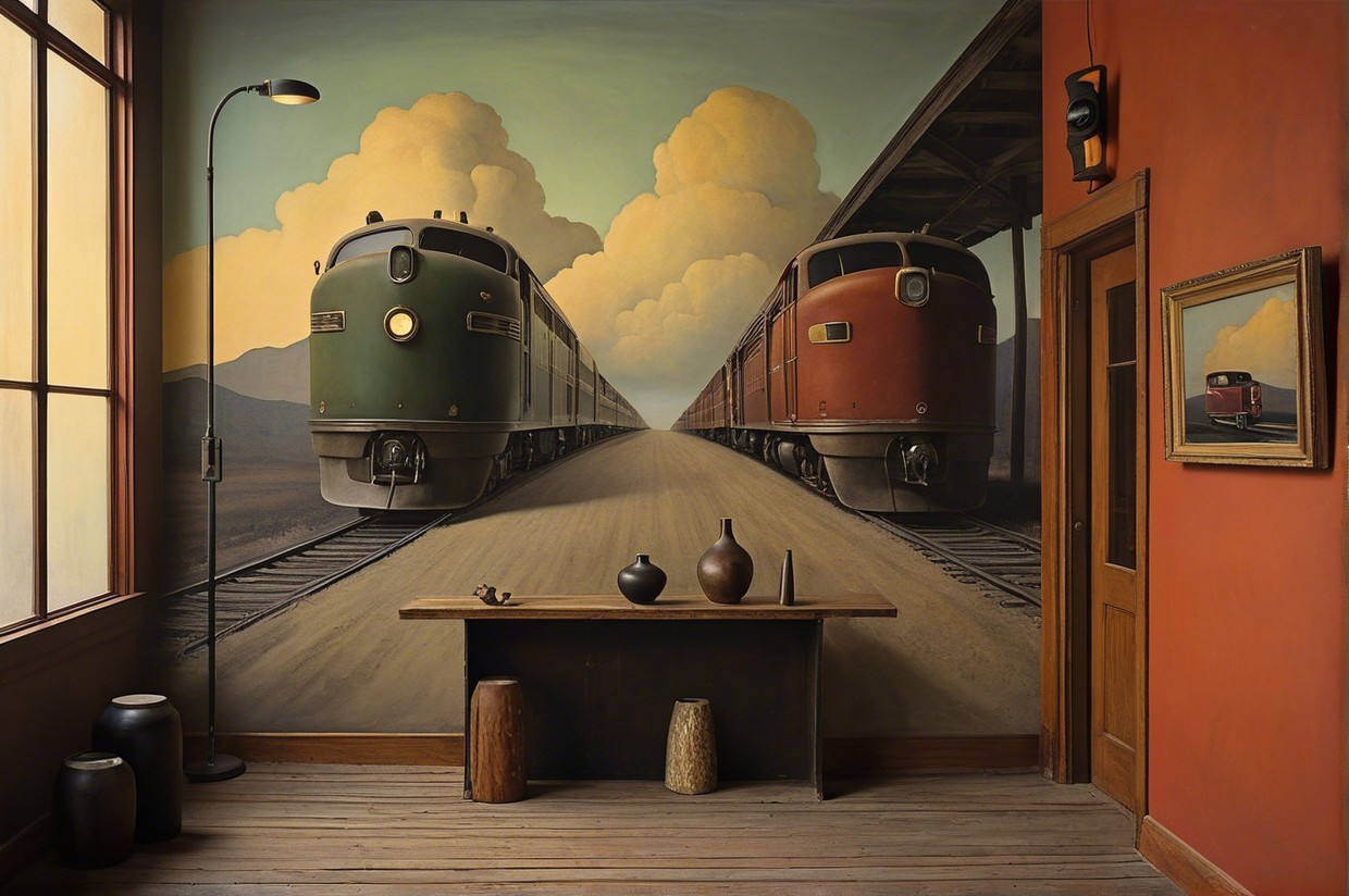 Artistic Interior with Vintage Locomotive Mural