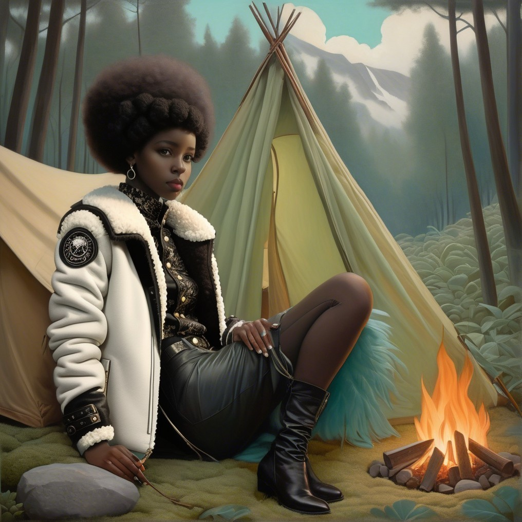 Stylish Woman by Campfire in Forest Setting