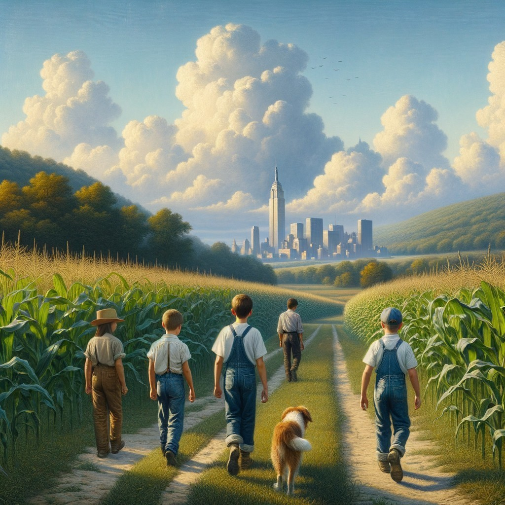 Children in Overalls Walking Toward City Skyline