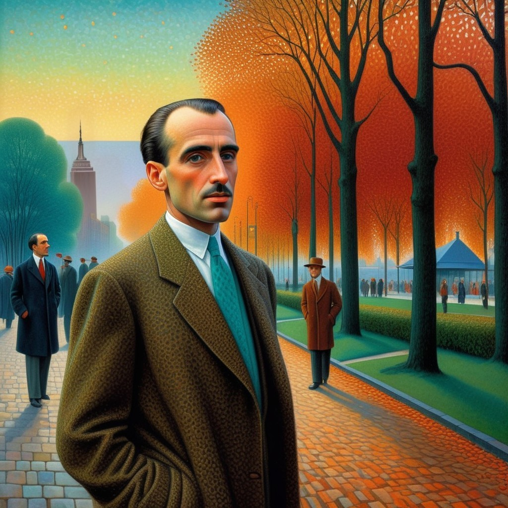 Stylish Man in Vibrant Autumn Park with City Skyline