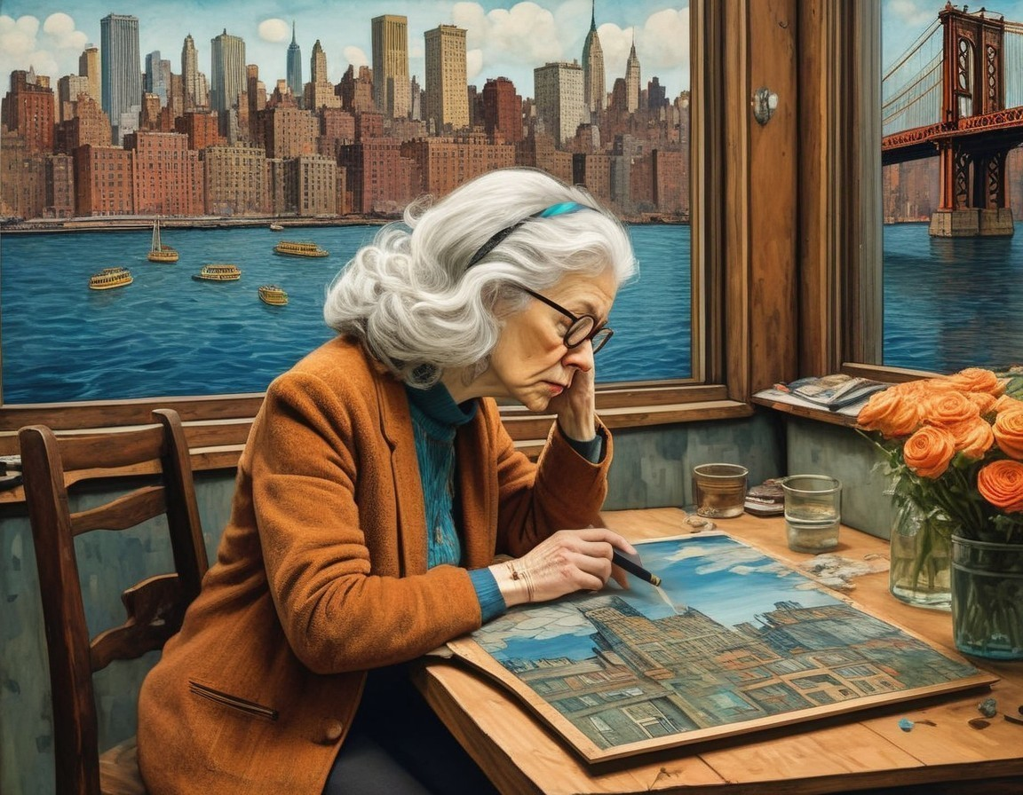 Elderly Woman Painting a Vibrant Cityscape Scene