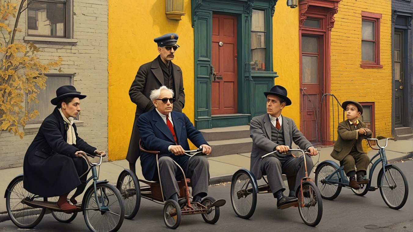 Tricycles and Colorful Characters in a Whimsical Scene