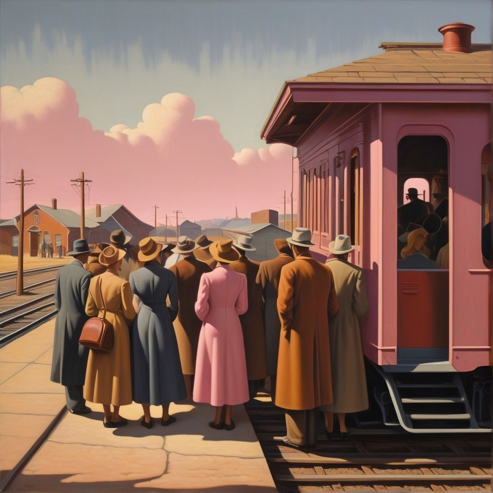 Vintage Train Station Scene with Elegantly Dressed People