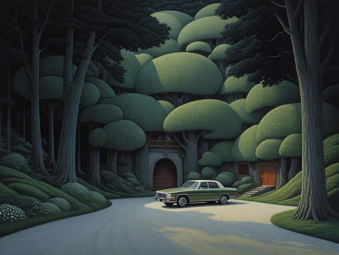 Vintage Car on Winding Road Surrounded by Trees