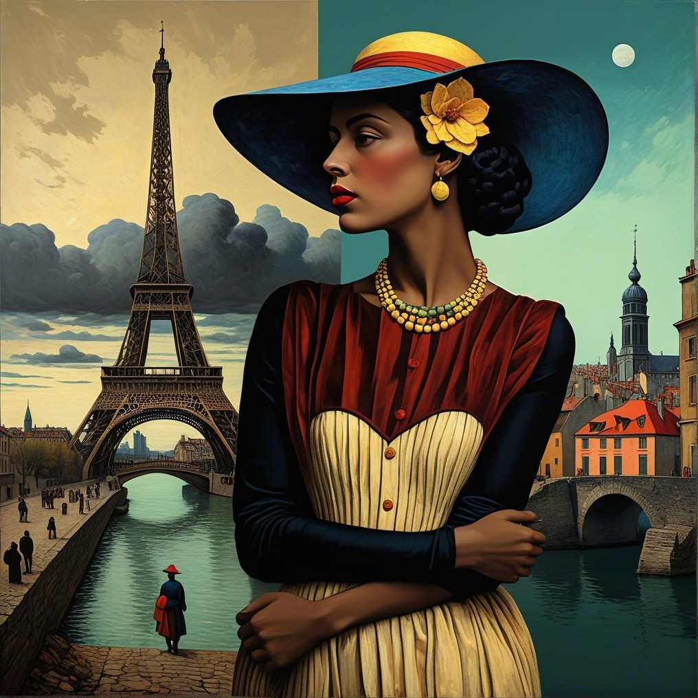Vintage Fashion with Eiffel Tower and Serene River Scene