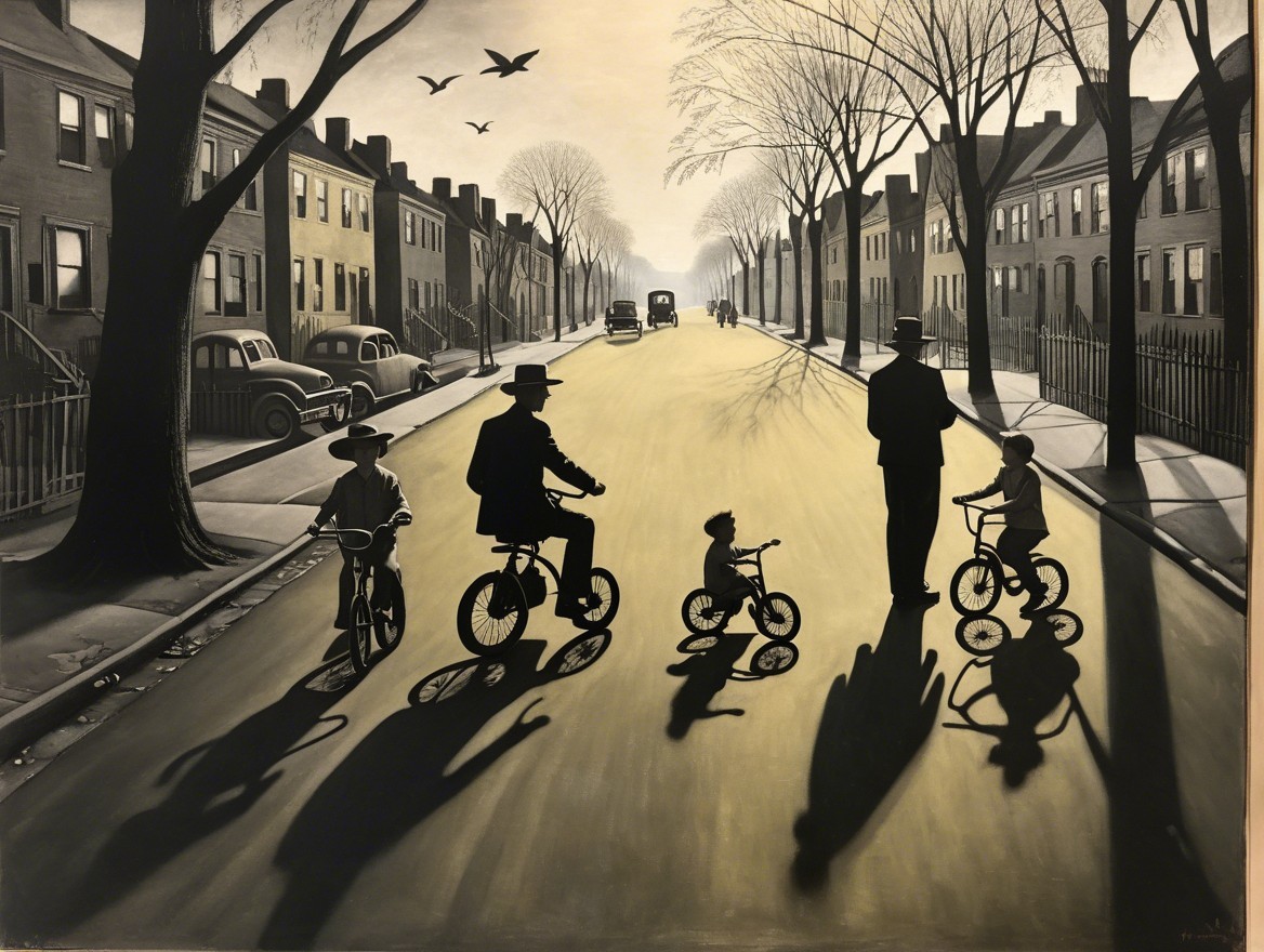 Monochromatic Street Scene with Bicycles and Trees
