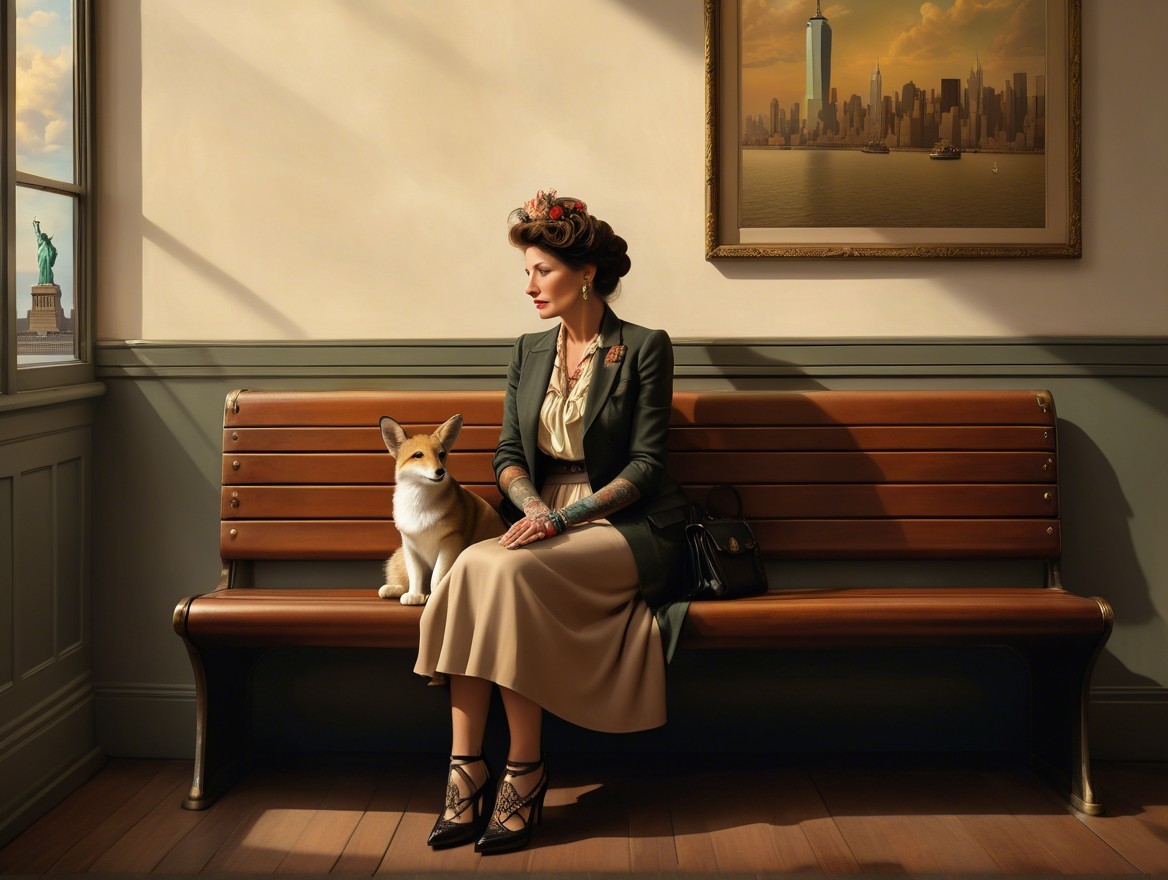 Vintage Elegance with Corgi and City Skyline View