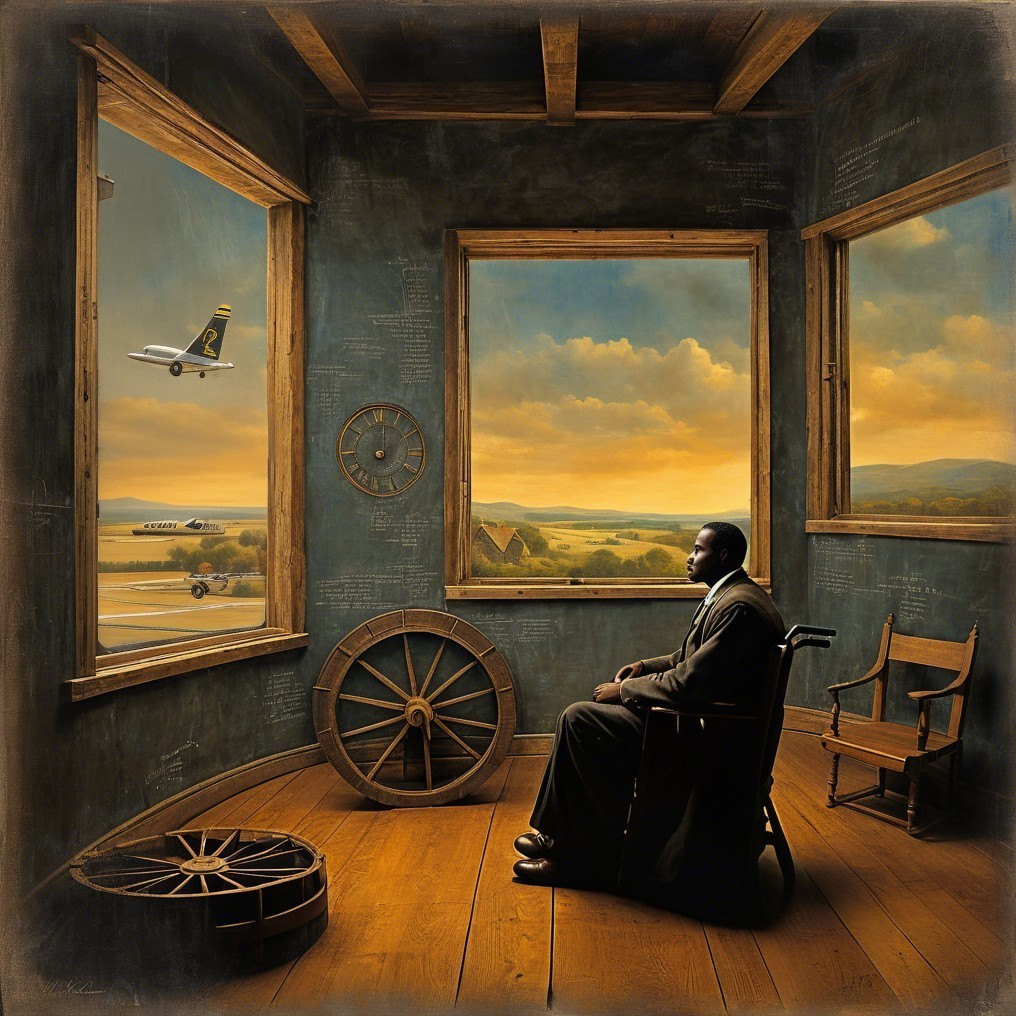 Wooden Room with Man in Wheelchair and Plane View