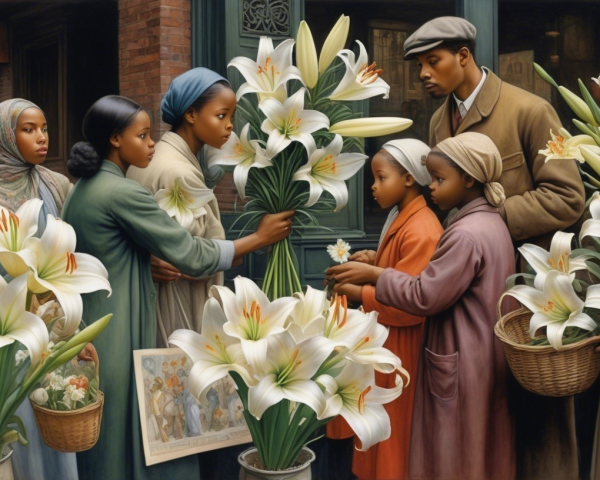 Black Families Holding White Lilies on City Streets