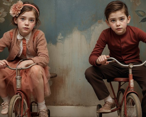 Children on Vintage Tricycles Against Textured Wall