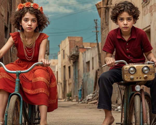 Children on Bicycles in a Weathered Alleyway