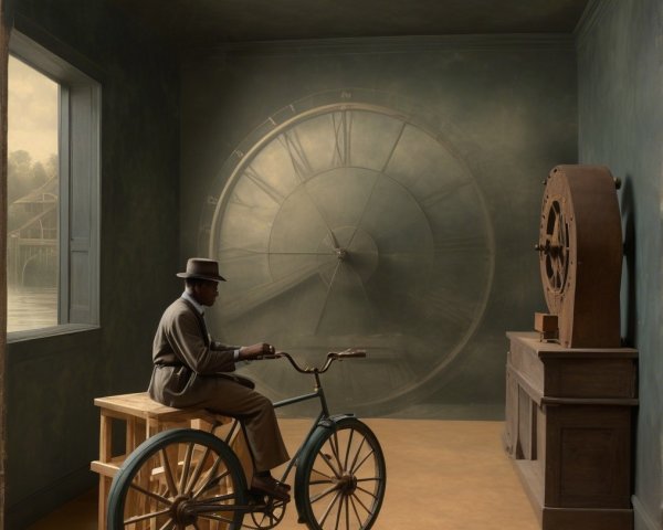 Solitary Man on Vintage Bicycle with Abstract Clock Backdrop