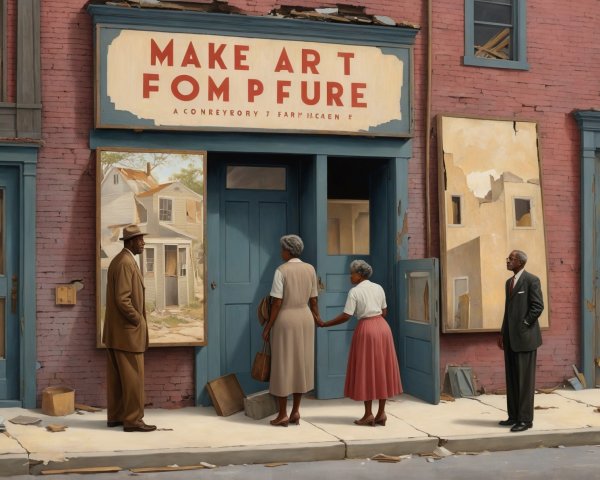 Distressed Street Scene with Four Individuals and Storefront