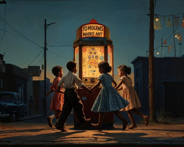 Children Enjoying Vintage Fortune Teller Machine Scene
