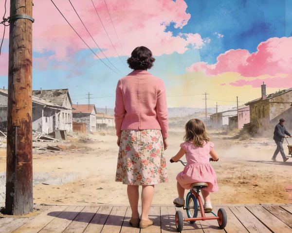 Woman and child on wooden planks in dusty street scene