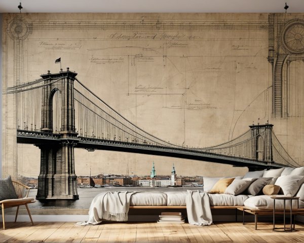 Stylish Interior with Vintage Manhattan Bridge Mural