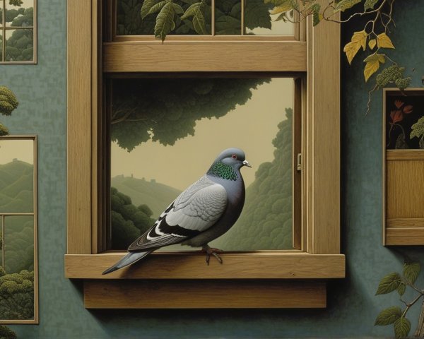 Pigeon on Window Ledge with Scenic Landscape View
