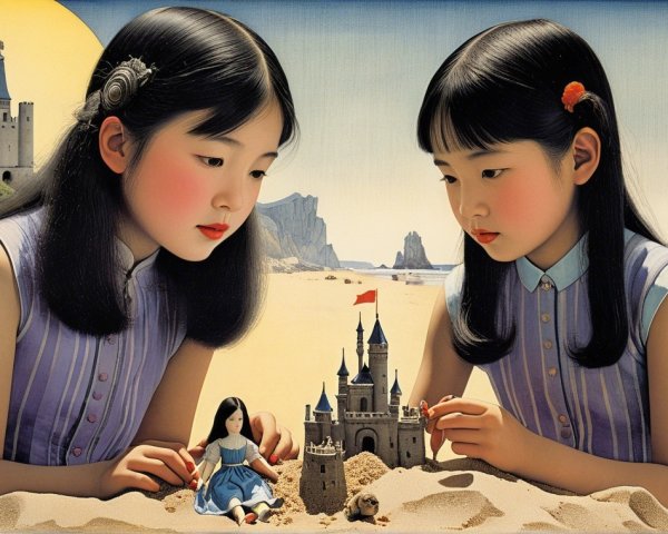 Girls Building Sandcastle on Beach with Doll