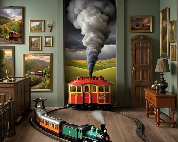 Vintage Train Set in a Cozy Room with Scenic Views