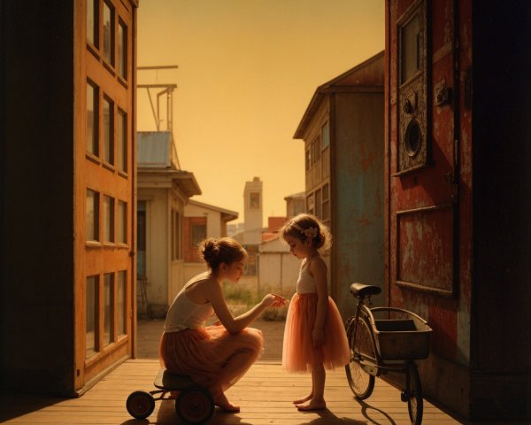 Woman and girl in whimsical tulle skirts by doorway