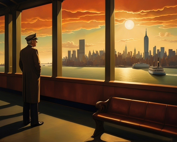 Silhouetted Figure by Window Overlooking Sunset Skyline
