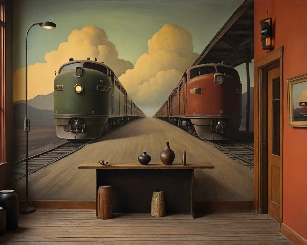 Artistic Interior with Vintage Locomotive Mural