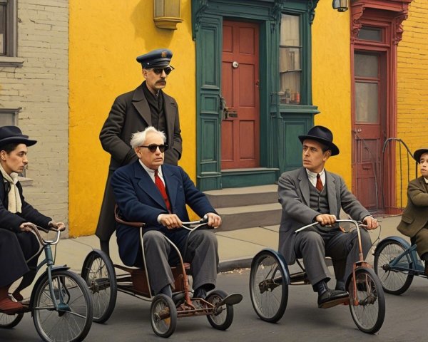 Tricycles and Colorful Characters in a Whimsical Scene