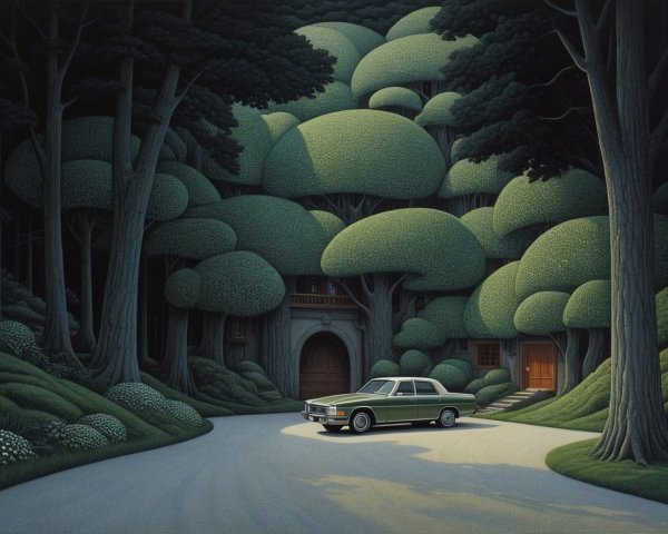 Vintage Car on Winding Road Surrounded by Trees