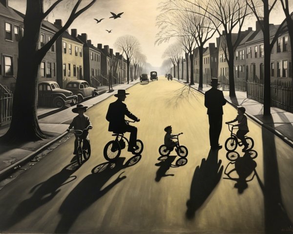 Monochromatic Street Scene with Bicycles and Trees