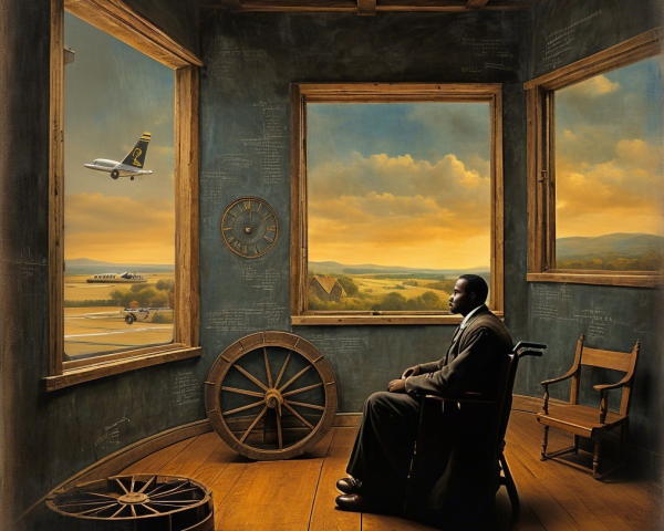 Wooden Room with Man in Wheelchair and Plane View