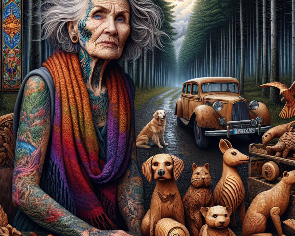 Elderly Woman with Tattoos in Forest Setting
