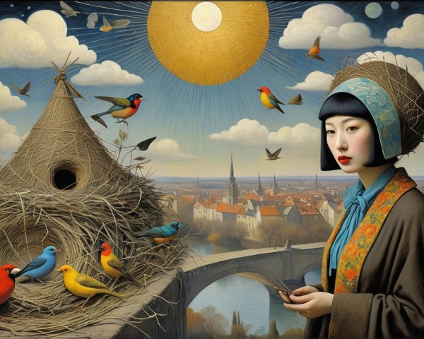 Serene Woman in Traditional Attire Amidst Colorful Birds