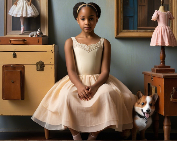 Young girl in pink dress with corgi and vintage decor
