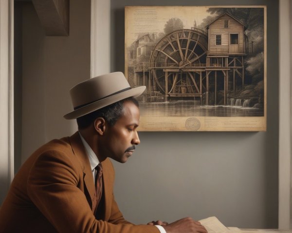 Well-Dressed Man Studying Blueprint with Artwork Background