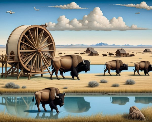 Bison Grazing by Water with Rustic Structures and Mountains