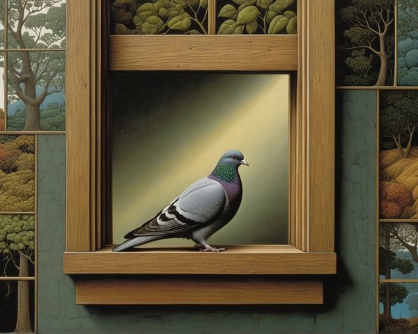 Realistic Pigeon on Wooden Sill with Vibrant Backdrop