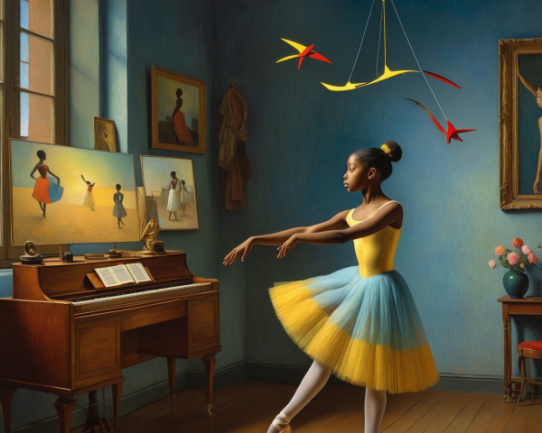Ballet Dancer in Yellow and Blue Tutu in Sunlit Room