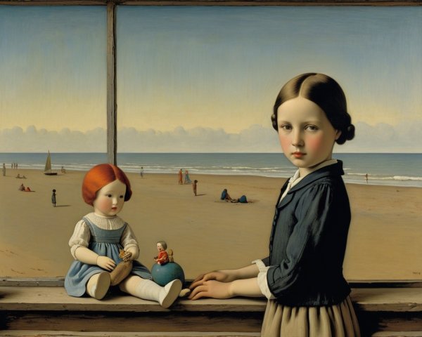 Young girl by window with doll and beach scene