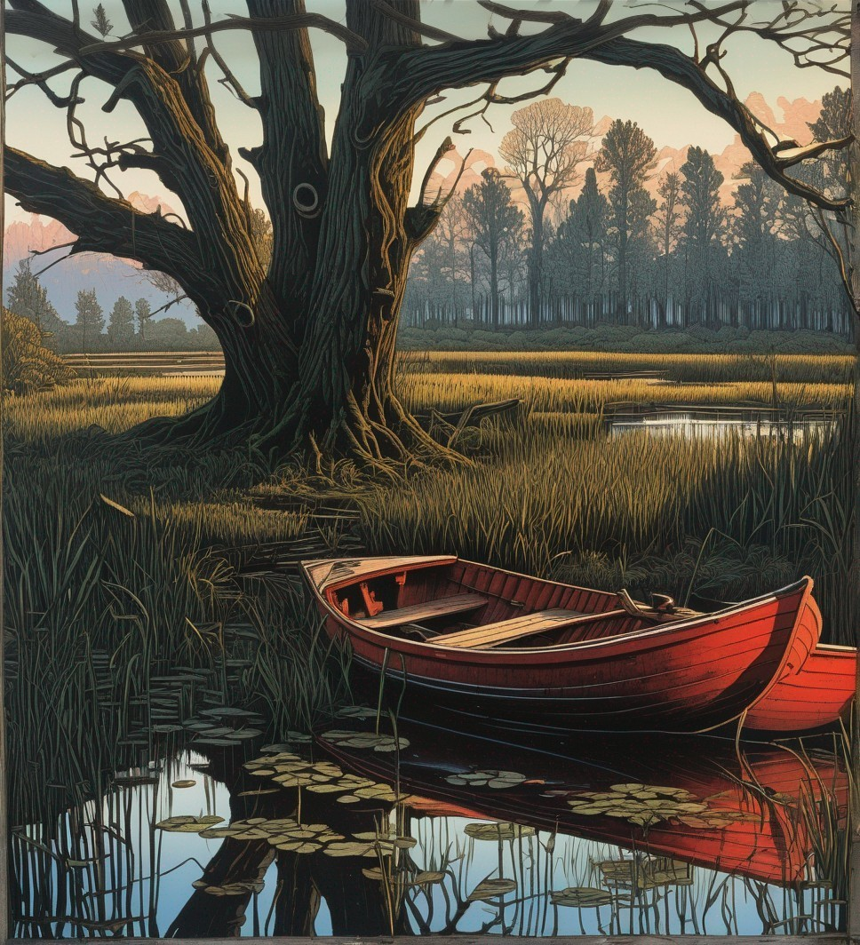 Serene Landscape with Red Boat and Tranquil Waters