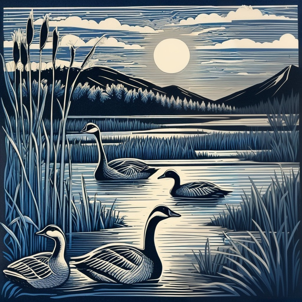 Serene Landscape with Geese in Reflective Water