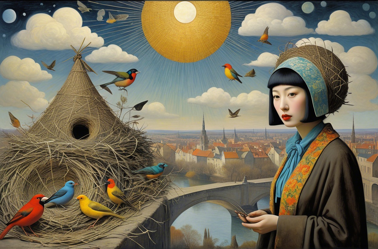 Serene Woman in Traditional Attire Amidst Colorful Birds
