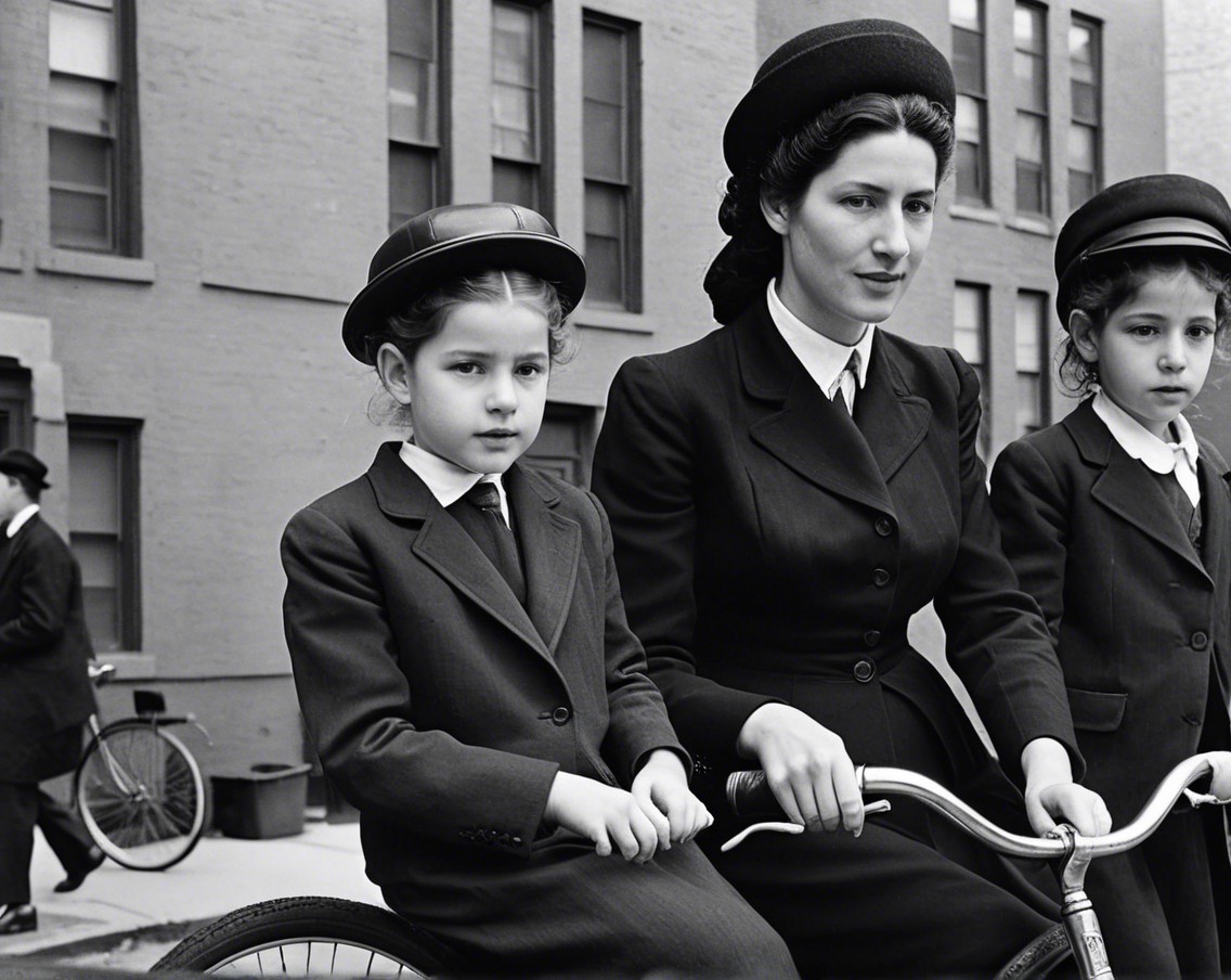 Formal Attire Portrait of Woman and Two Girls on Bicycle